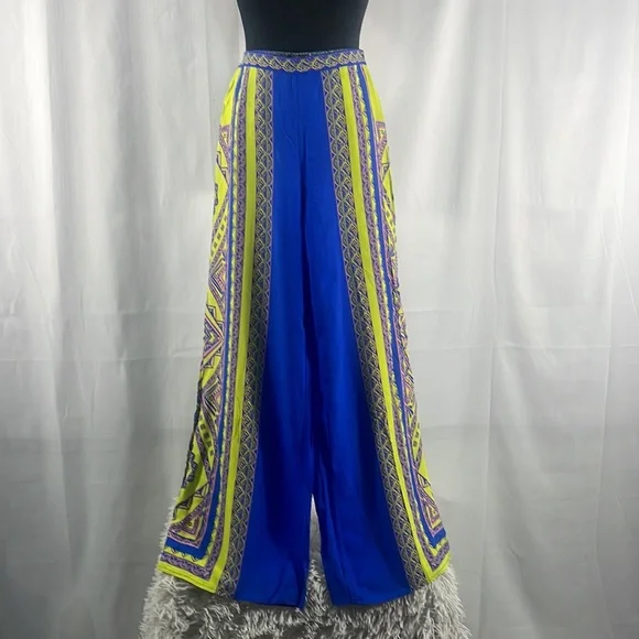 Royal Blue, Neon yellow multi colored, boho, wide leg high rise pants, Small - Picture 2 of 5